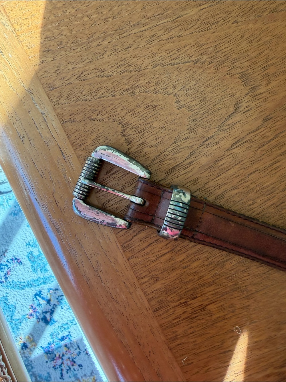 Women’s Brown Leather Belt with Distressed Silver Buckle